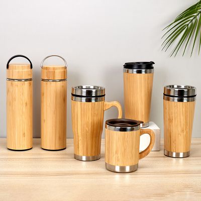 Double-Layer Vacuum Stainless Steel Bamboo Wood Cover Thermos Cup Outdoor Portable Office Business Straight Tea Cup Coffee Cup