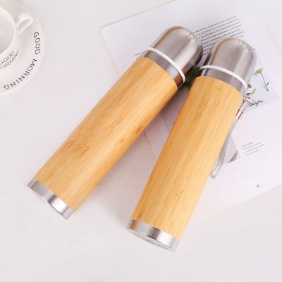 Creative New Bamboo Shell Bullet Head Thermos Cup 304 Stainless Steel Inner Vacuum Insulated Sports Water Bottle